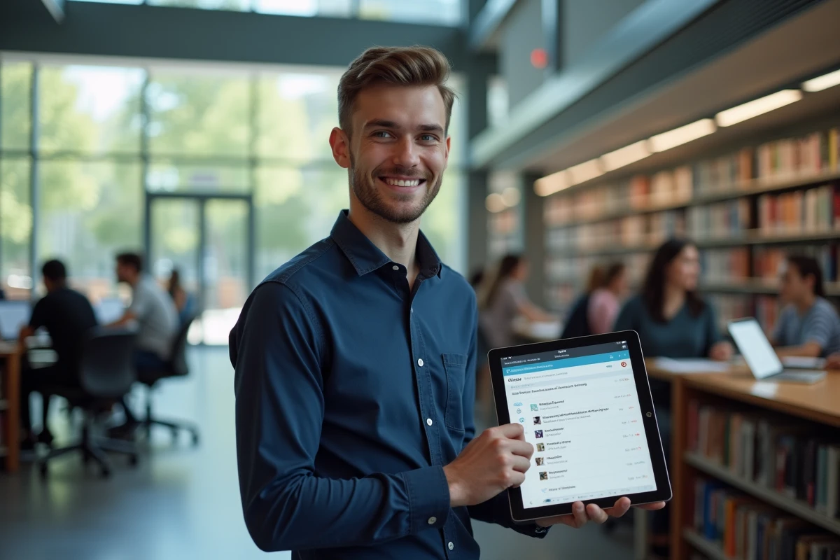 Étudiant consultant l'extranet PSB sur tablette dans une bibliothèque universitaire moderne