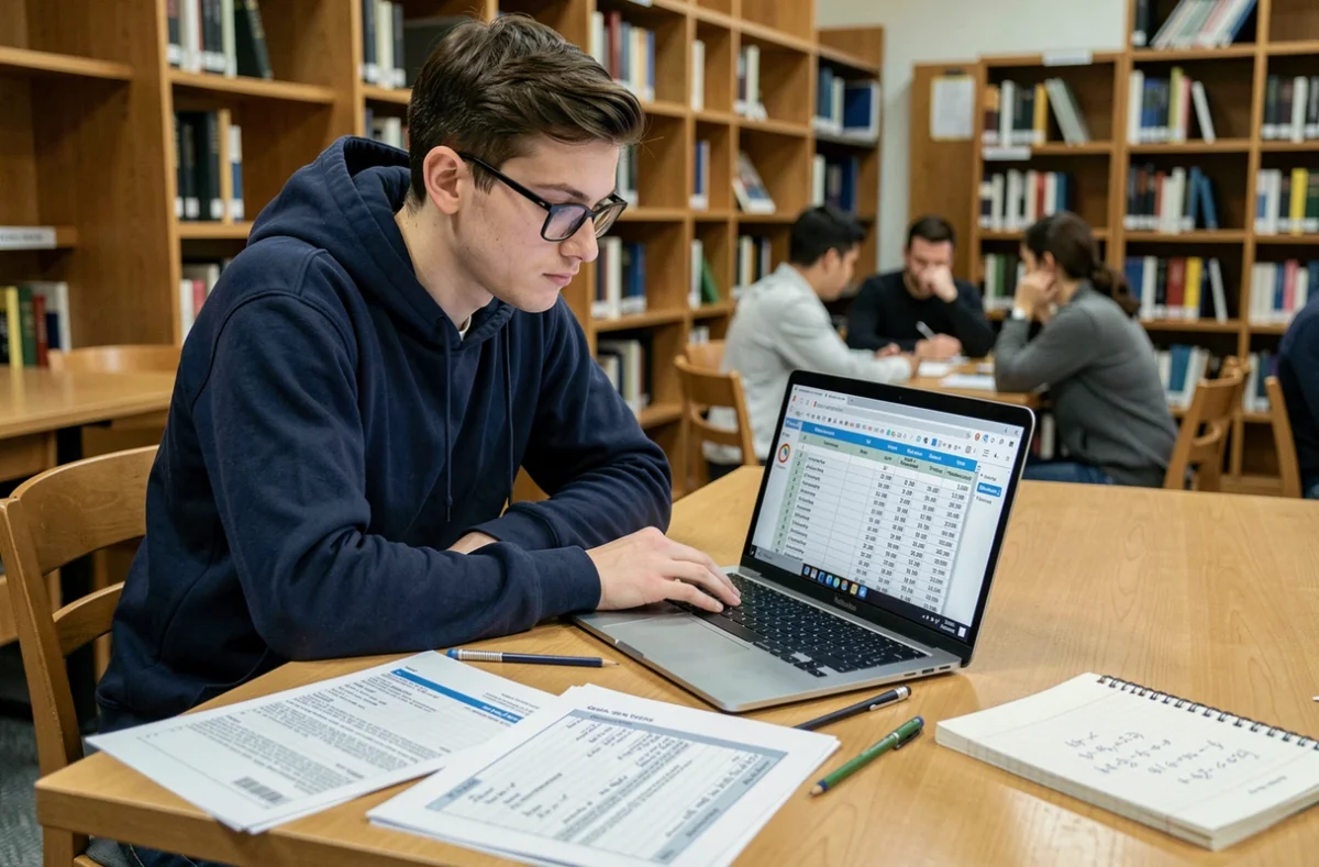 Étudiant consultant un tableau de notes et coefficients sur ordinateur portable dans une bibliothèque universitaire