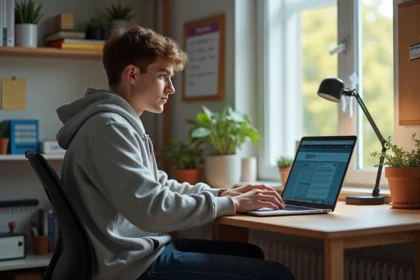 Jeune étudiant sur son ordinateur dans sa chambre