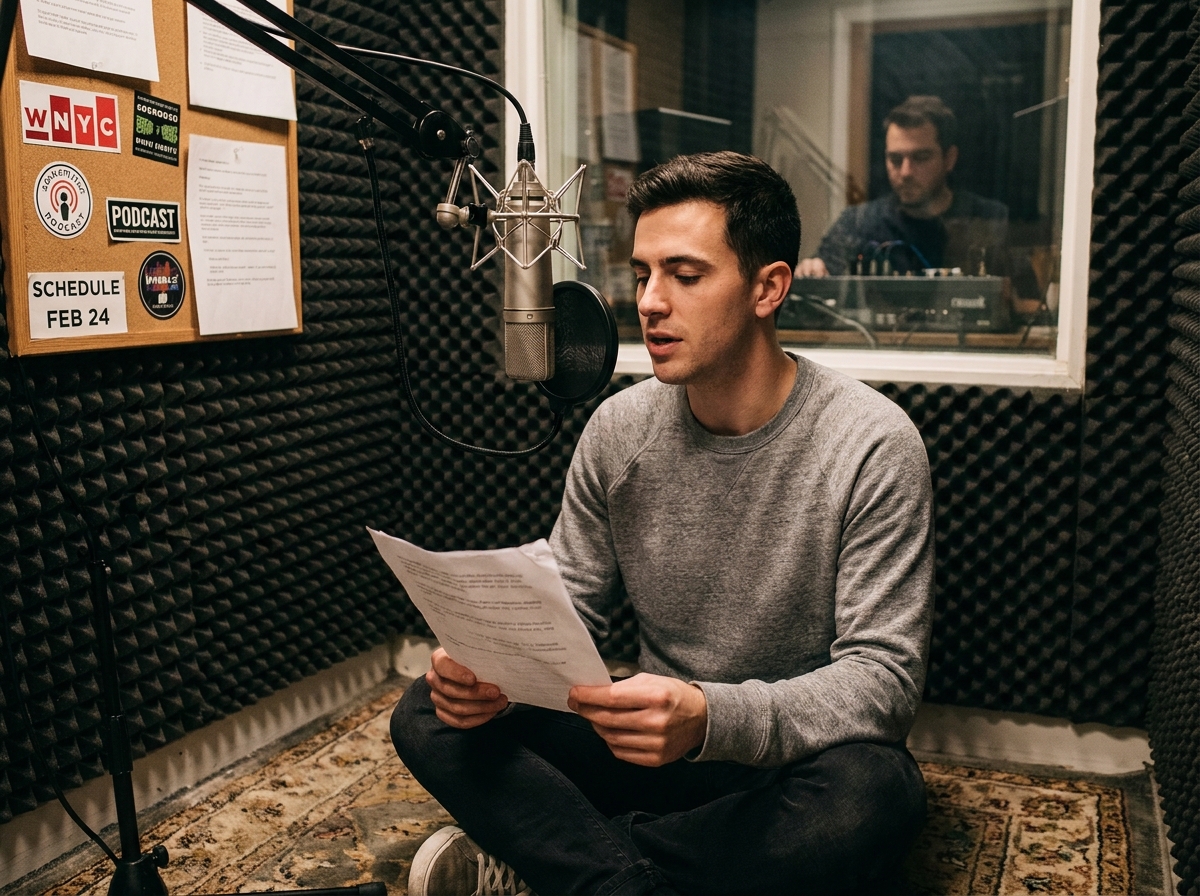 Étudiant en radio et podcast enregistrant dans un studio de l'école audiovisuelle à Nantes