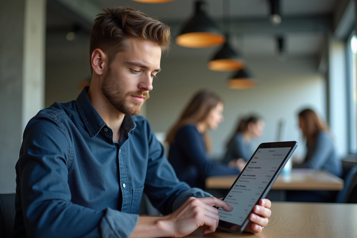 Étudiant adulte accédant à son emploi du temps de cours sur une tablette dans un espace de coworking universitaire