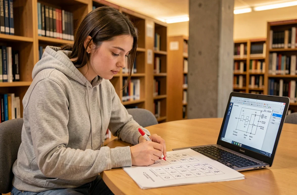 Étudiante en génie électrique annotant un tableau de correspondance entre anciens et nouveaux symboles électriques dans une bibliothèque universitaire