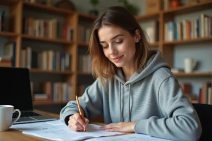 Étudiante calculant une moyenne pondérée avec coefficients sur une feuille de notes à son bureau