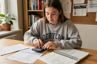 Étudiante calculant sa moyenne pondérée avec un smartphone et des feuilles de notes sur un bureau universitaire