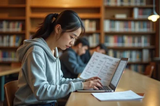 Étudiante consultant son emploi du temps universitaire d'Angers tout en travaillant sur son ordinateur portable en bibliothèque