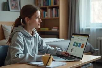 Étudiante connectée à l'extranet de son école pour consulter son planning académique 2026