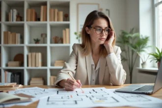 Étudiante en formation aménagement intérieur travaillant sur ses cours devant un bureau en bois recouvert de planches de tendances et plans d'espace