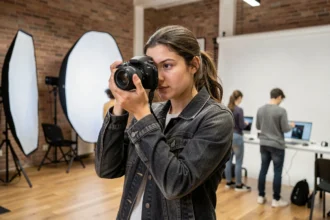 Étudiante en formation photographie dans un studio école à Toulouse tenant un appareil photo professionnel