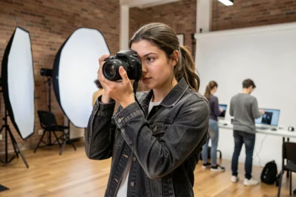 Étudiante en formation photographie dans un studio école à Toulouse tenant un appareil photo professionnel