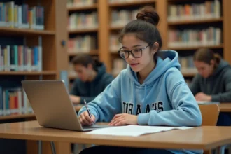 Étudiante remplissant son dossier d'inscription ENR à l'université Assas sur un ordinateur portable en bibliothèque
