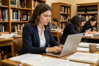Étudiante du master El Karoui révisant des notes de mathématiques financières dans une bibliothèque universitaire