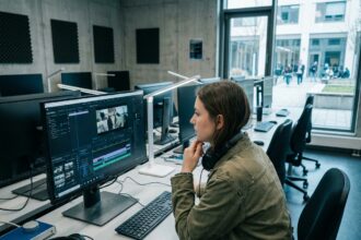 Étudiante en montage vidéo dans une salle informatique spécialisée audiovisuel à Nantes