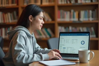 Étudiante consultant son planning de cours en ligne sur un portail universitaire depuis une bibliothèque