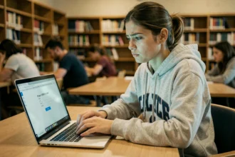 Étudiante frustrée devant un message d'erreur de connexion sur l'ENT de son université