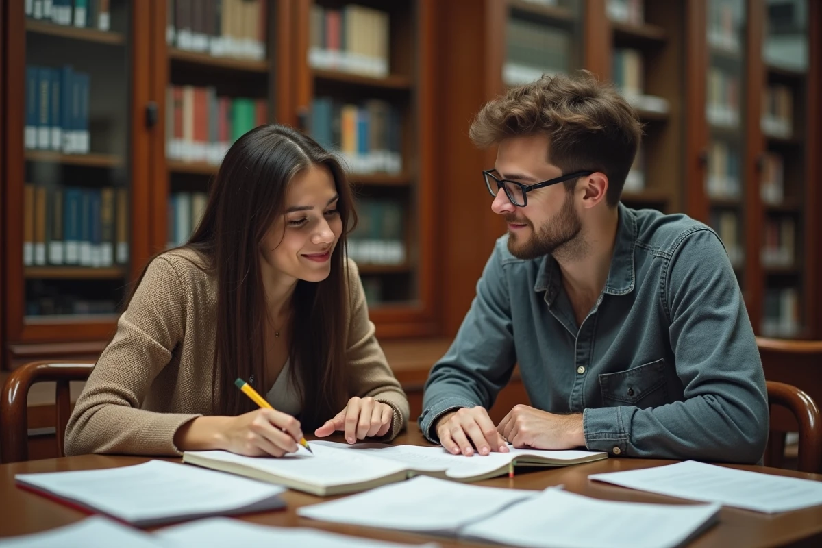 Deux étudiants qui analysent ensemble des exemples de dissertations rédigées dans une bibliothèque universitaire