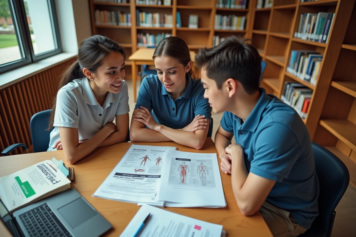 Groupe d'étudiants en ergothérapie révisant ensemble pour les concours de sélection dans une bibliothèque universitaire