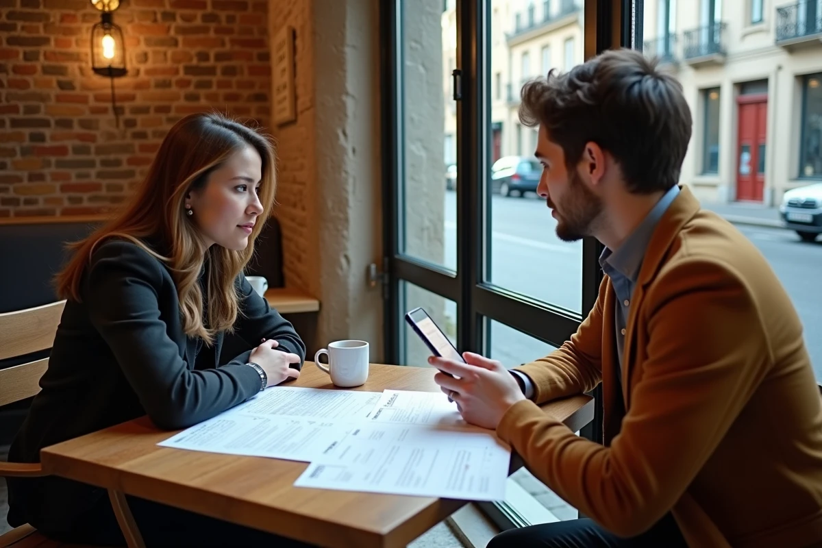 Deux étudiants organisant leur emploi du temps universitaire et professionnel ensemble dans un café proche du campus d'Angers