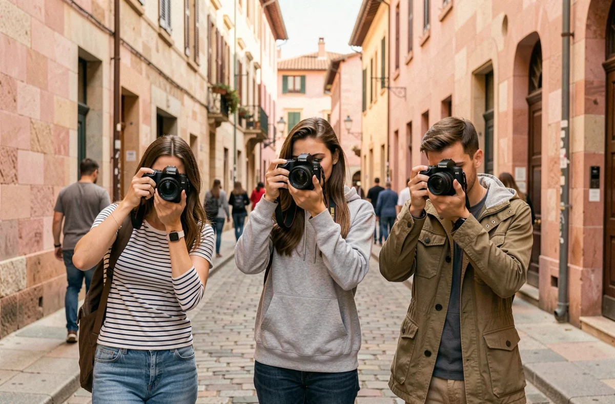 Étudiants en photographie en cours pratique en extérieur dans les rues de Toulouse avec appareils photo