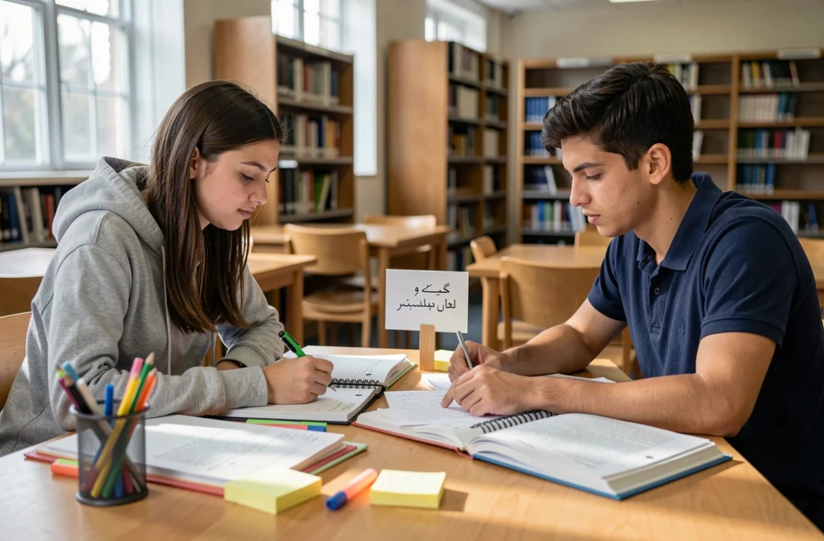 Deux étudiants révisant ensemble en bibliothèque avec une carte de dua posée sur la table symbolisant l'alliance entre efforts et invocations
