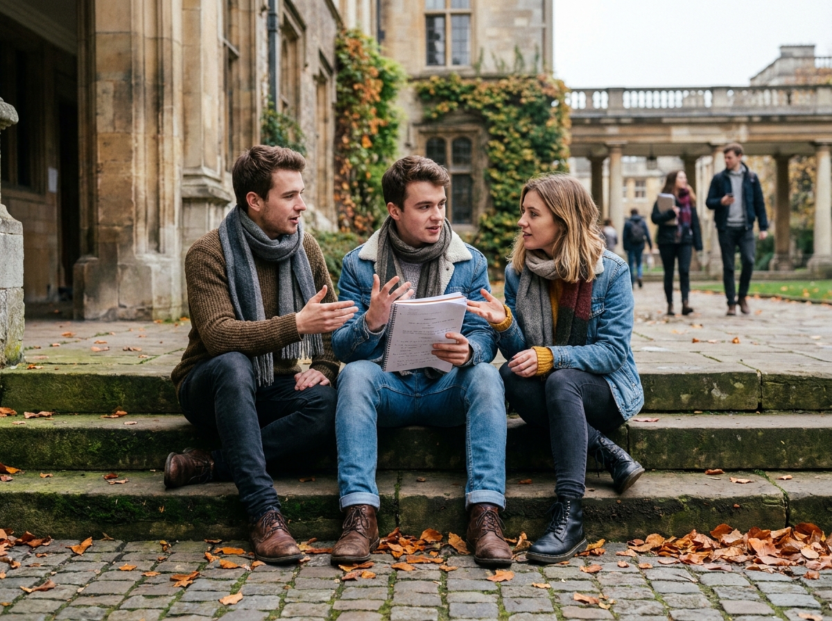Groupe d'étudiants en cinéma discutant d'un scénario sur les marches d'un campus en automne