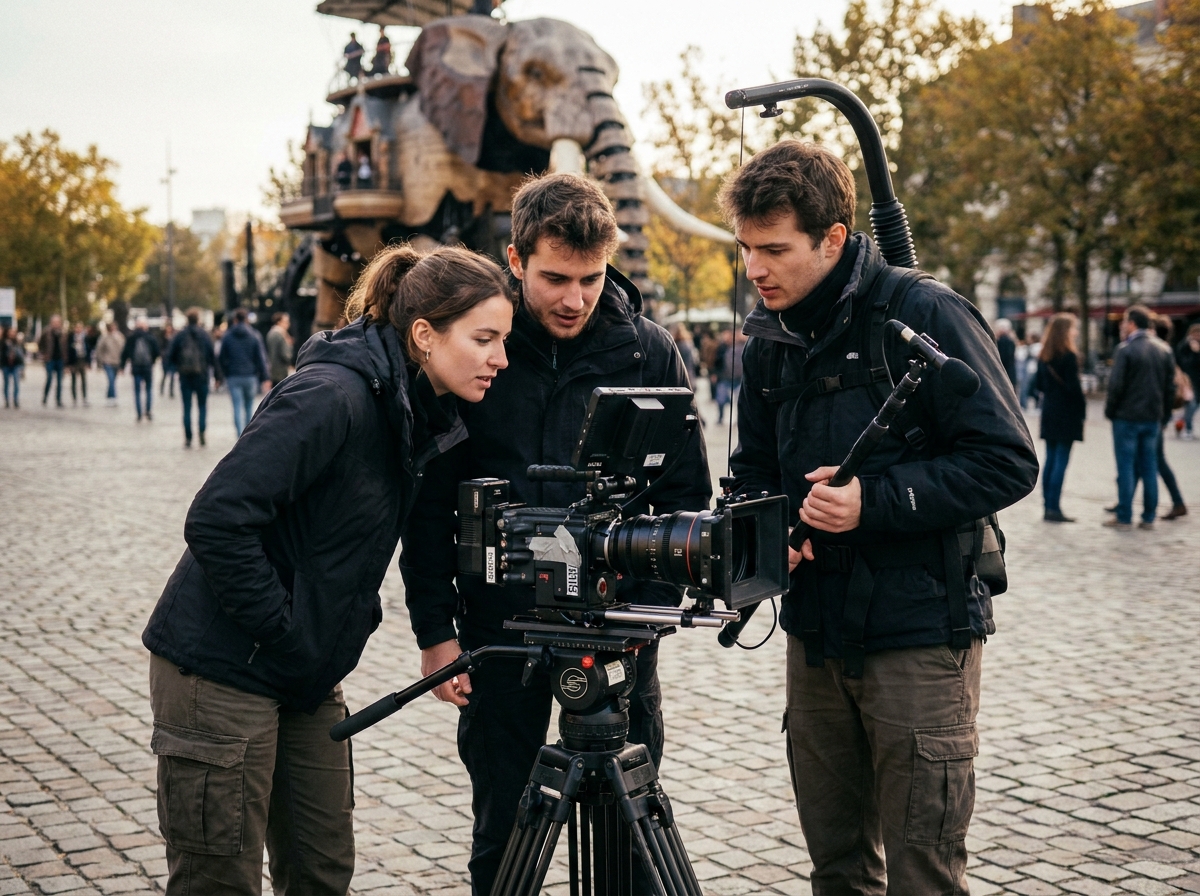 Groupe d'étudiants en audiovisuel filmant en extérieur à Nantes avec une caméra professionnelle
