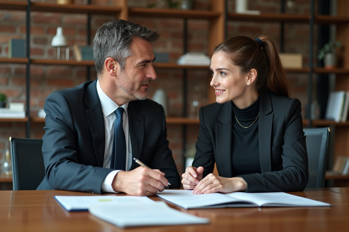 Homme executif et femme conseillère en réunion au bureau