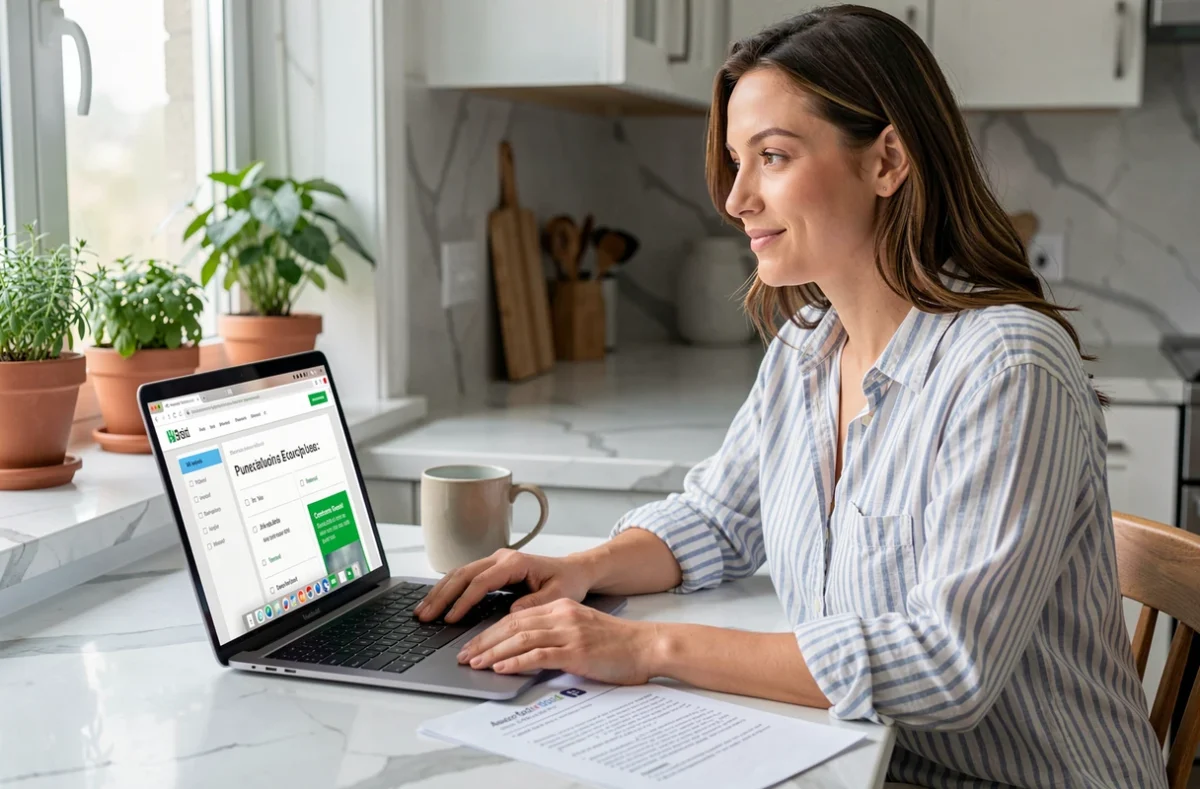 Femme utilisant un site d'exercices de ponctuation en ligne avec correction immédiate sur son ordinateur portable