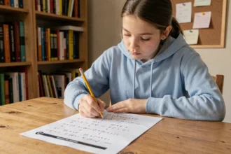 Adolescente faisant des exercices de ponctuation sur une feuille imprimée à son bureau à la maison