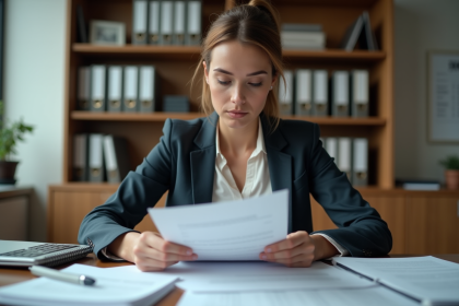 Femme d'affaires examine des documents financiers dans un bureau moderne