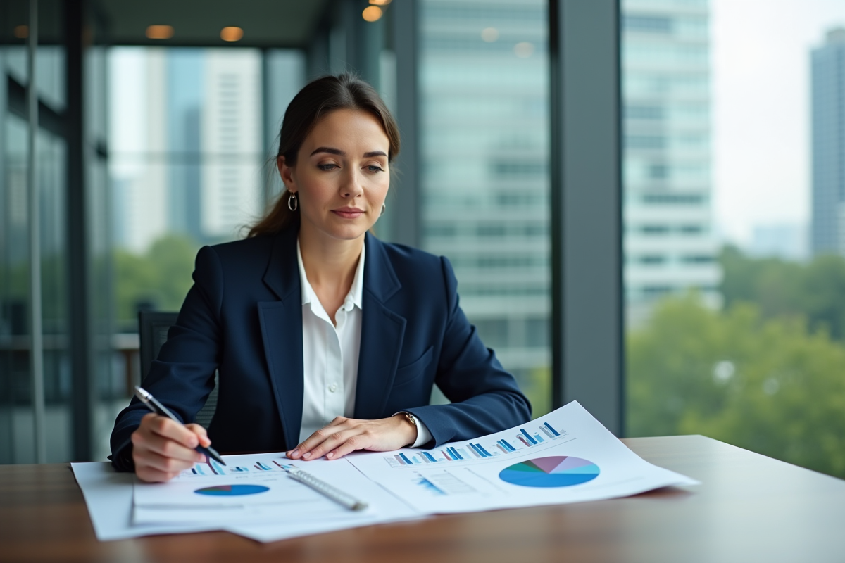 Femme d'affaires en réunion analysant des rapports financiers