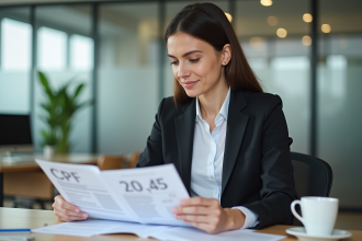 Femme professionnelle examinant des documents CPF 2025 au bureau
