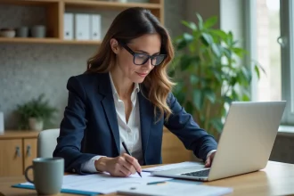 Femme en blazer navy remplissant des formulaires en ligne