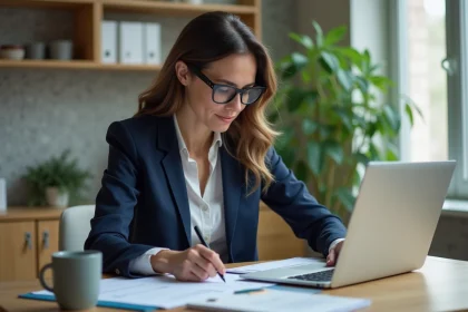 Femme en blazer navy remplissant des formulaires en ligne