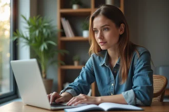 Jeune femme au bureau à domicile utilisant un ordinateur portable