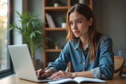 Jeune femme au bureau à domicile utilisant un ordinateur portable