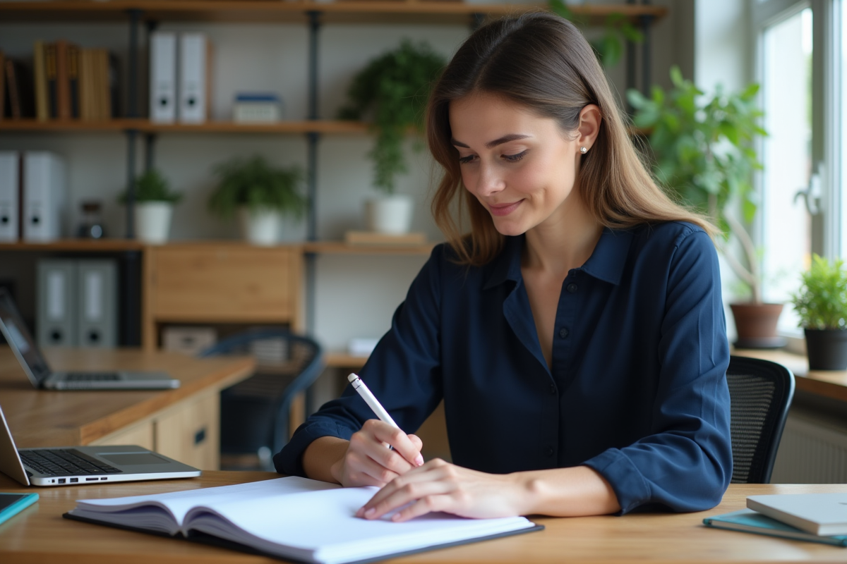 Jeune femme professionnelle dans son bureau organisé
