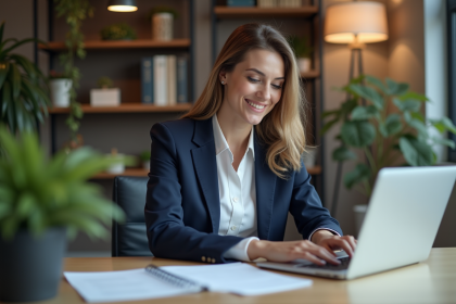 Femme professionnelle souriante dans un bureau moderne
