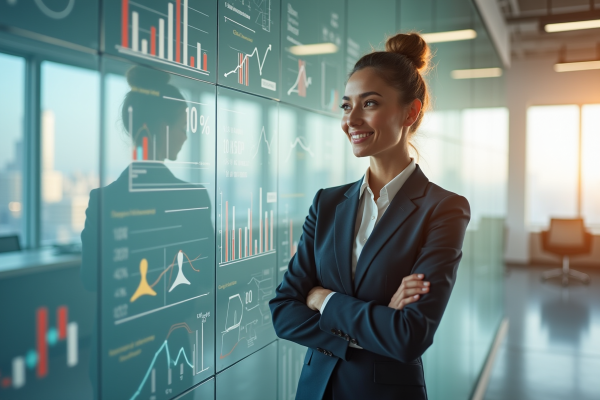 femme confiante devant diagrammes et graphiques marketing
