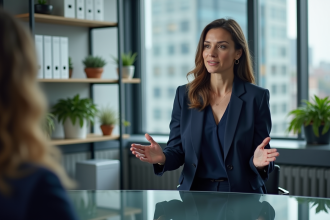 Femme en costume navy lors d'une réunion d'équipe en entreprise