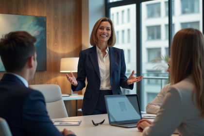 Femme confiante en costume navy lors d'une réunion