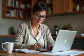 Femme française lisant des documents dans sa cuisine chaleureuse