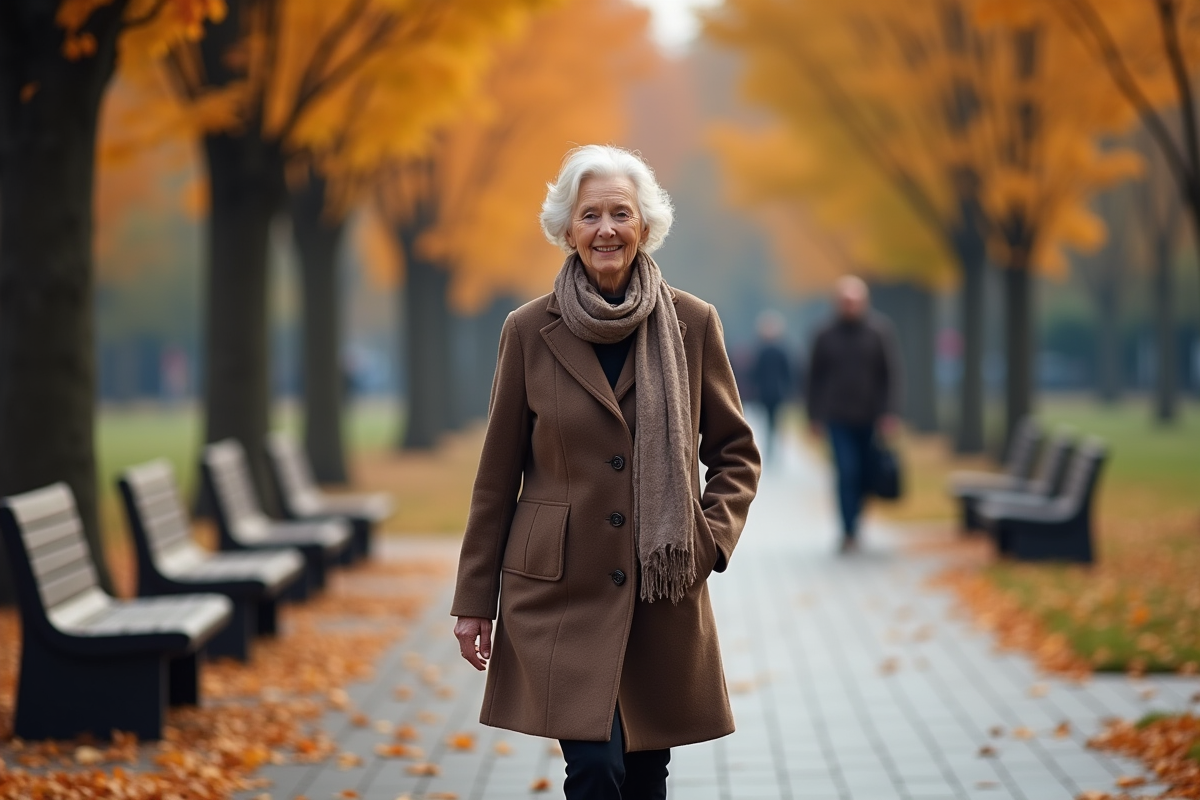Femme âgée marchant dans un parc d