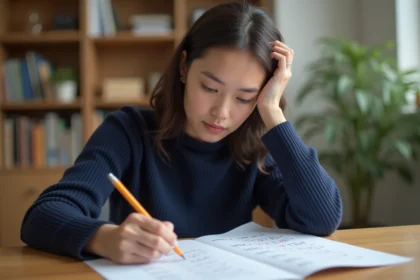 Jeune femme concentrée travaillant sur des exercices de tests psychotechniques logiques à son bureau
