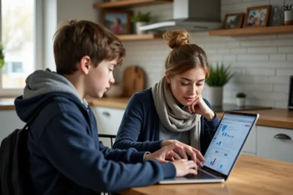 Femme et adolescent à la cuisine regardant un ordinateur