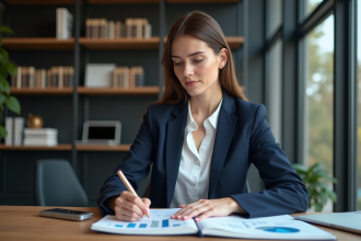 Femme d affaires en réunion avec graphiques financiers