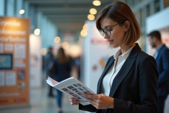 Femme examinant brochures lors d'un salon éducatif