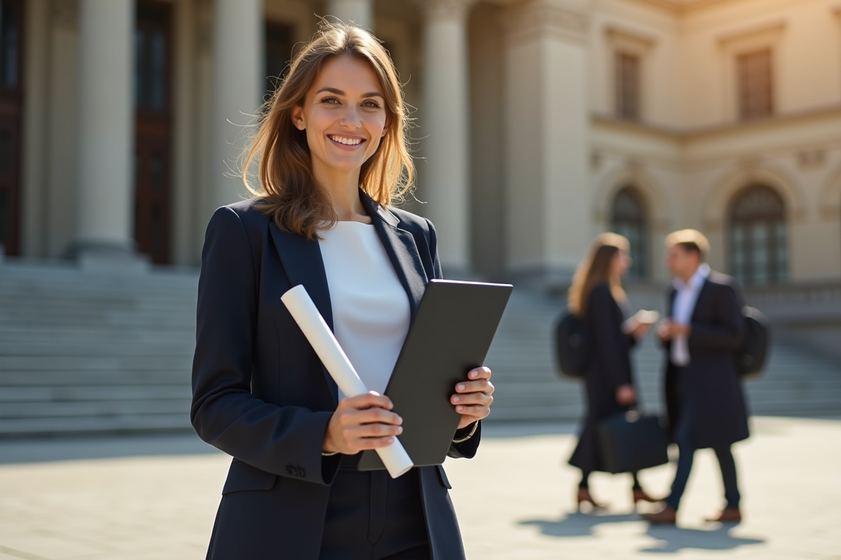 Femme diplômée souriante devant université ensoleillée