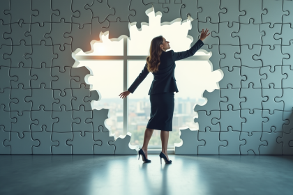 Femme d'affaires brisant un mur de pièces de puzzle pour innover