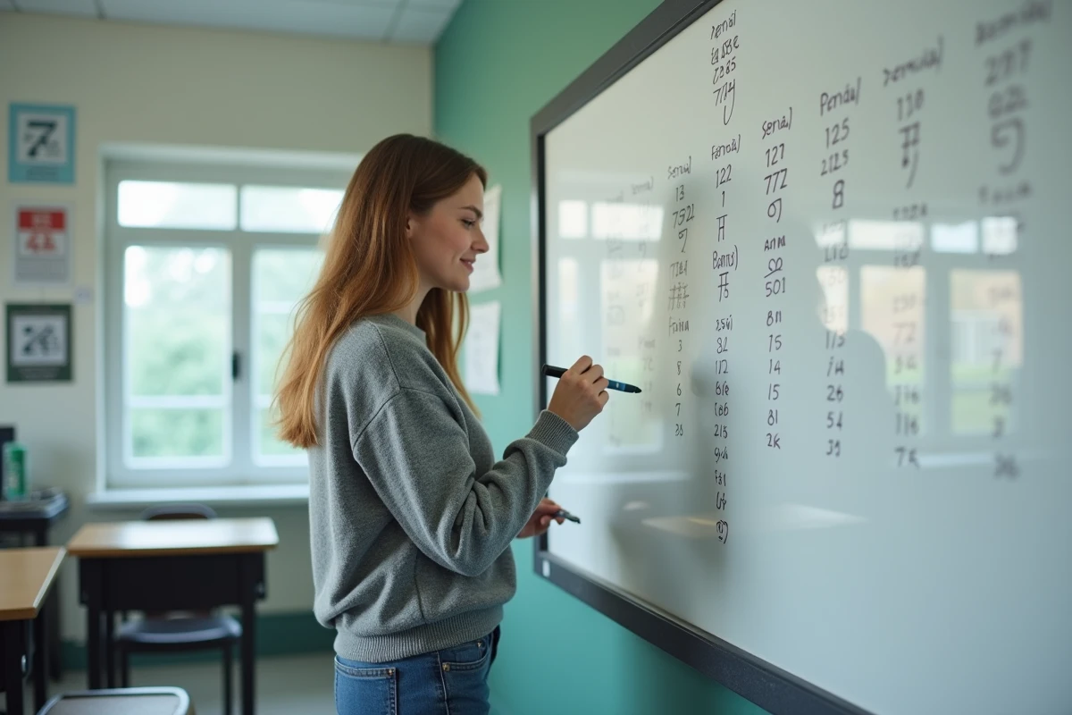 Jeune femme écrivant Pi au tableau en classe
