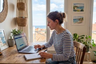 Jeune femme concentrée à son bureau en intérieur lumineux